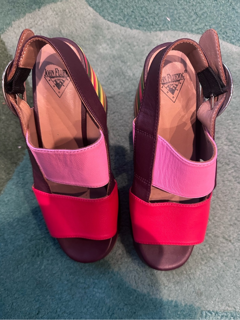 Fluevog NEARLY NEW Picnic Kerry striped rainbow heel platform open-toe sandal -6 - Picture 10 of 16